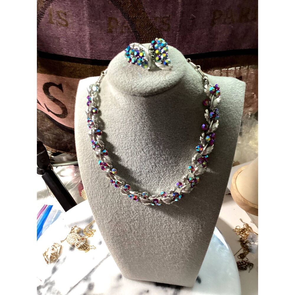 Vintage Lisner Watermelon AB Demi-Parure Necklace and Earrings